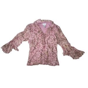 Y2K Silk Pink Floral Ruffled Blouse Size XL beaded Babydoll Fairy cottage LS